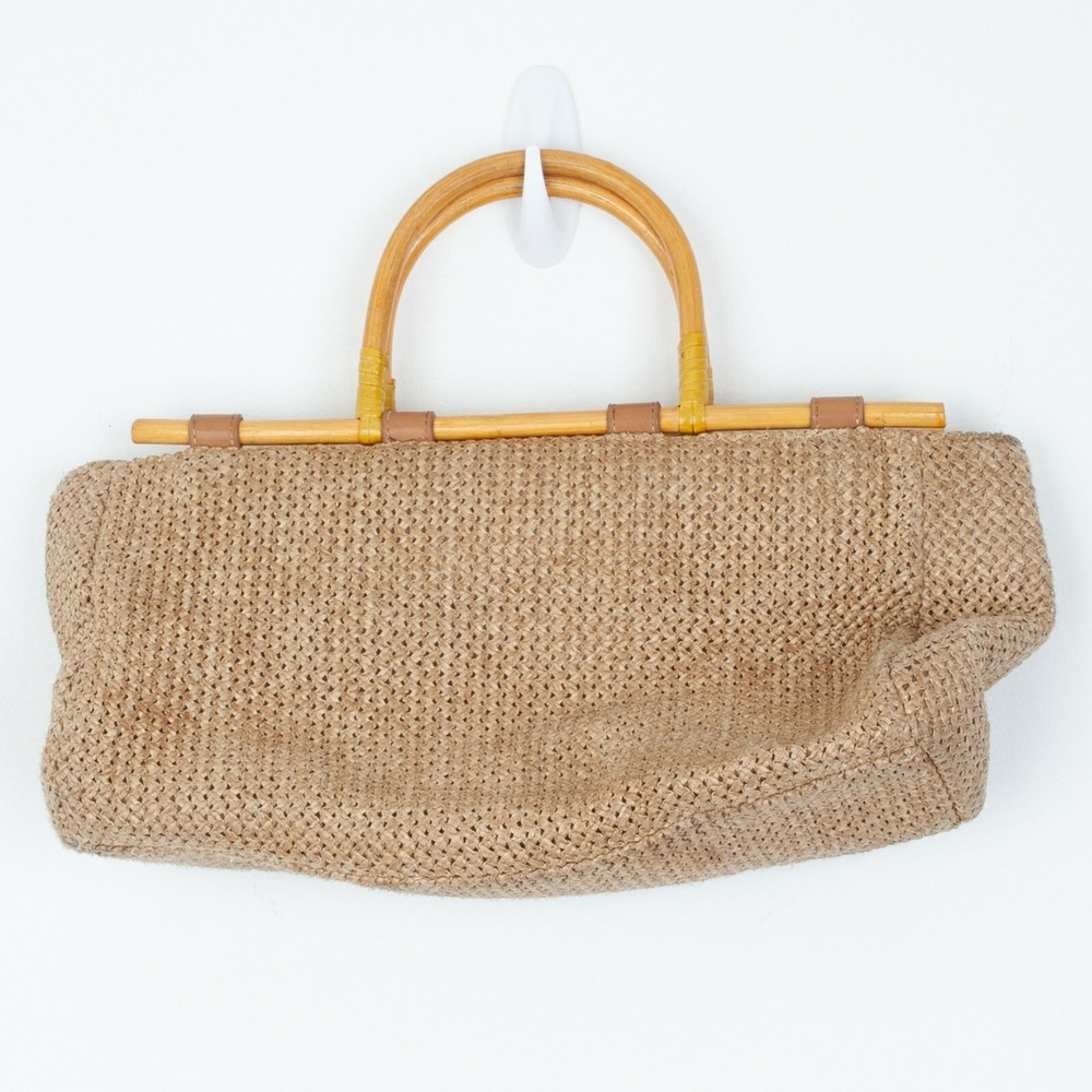 Fossil Bamboo Wooden Handle Woven Satchel Purse Boho Everyday‎ Vacation Travel